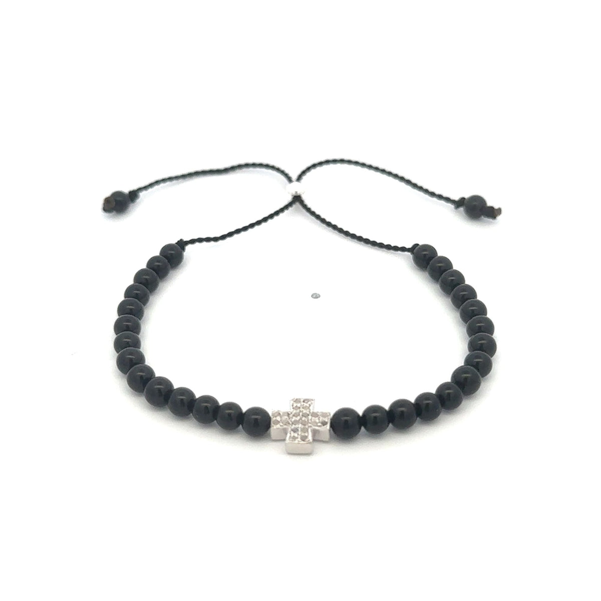 Natural Raw Pave Diamond Cross Black Onyx 4mm Bead Bracelet Sterling Silver Adjustable Cord Size 5"- 9"