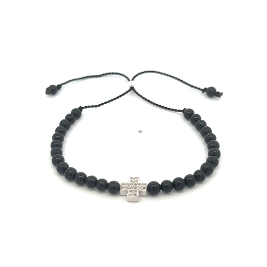 Natural Raw Pave Diamond Cross Black Onyx 4mm Bead Bracelet Sterling Silver Adjustable Cord Size 5"- 9"