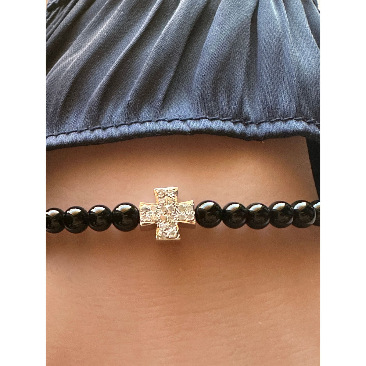 Natural Raw Pave Diamond Cross Black Onyx 4mm Bead Bracelet Sterling Silver Adjustable Cord Size 5"- 9"