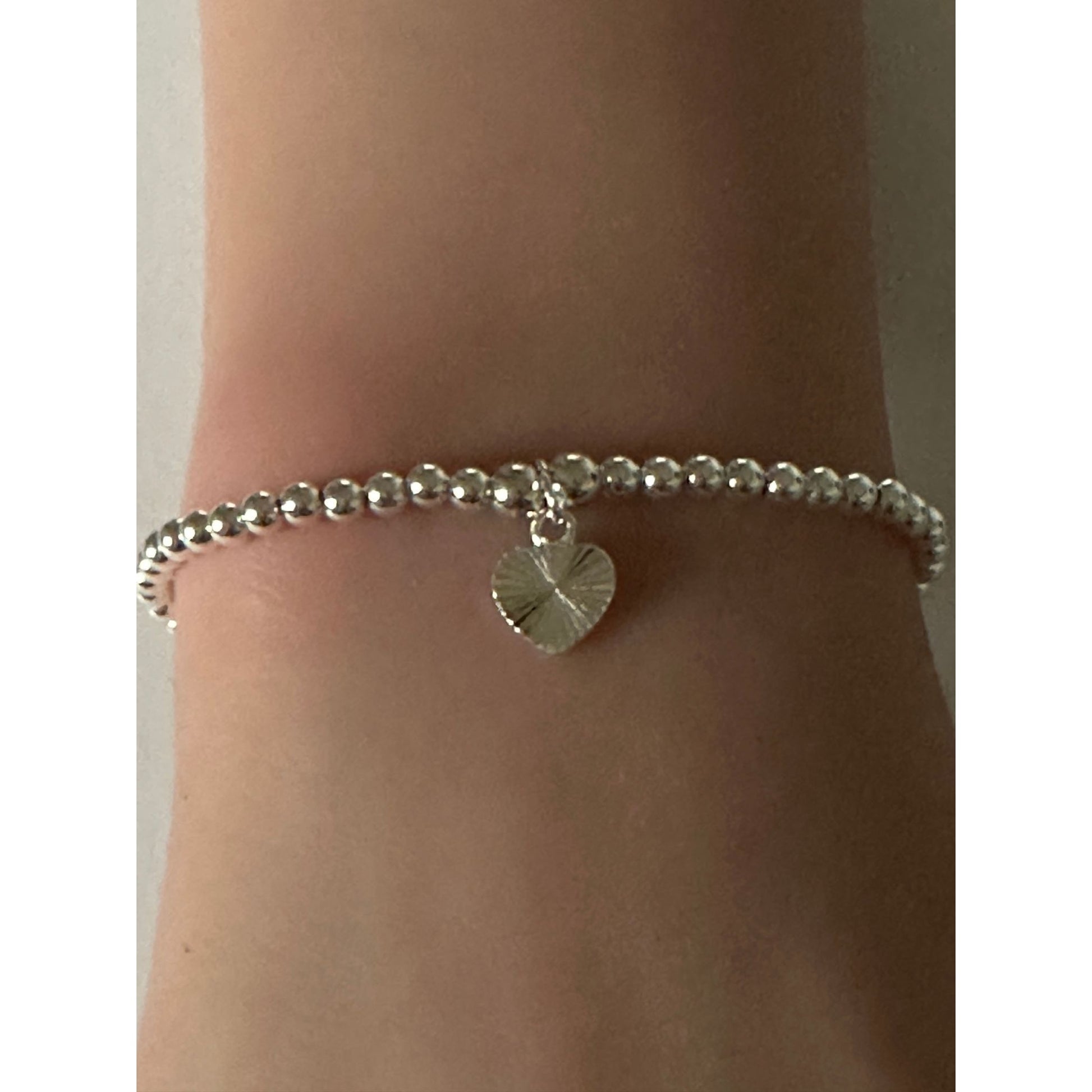 925 Sterling Silver Beaded Stretch Stacking Bracelet Heart Charm Minimalist Size 7" - Rafant