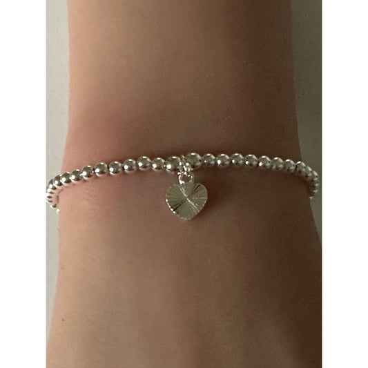 925 Sterling Silver Beaded Stretch Stacking Bracelet Heart Charm Minimalist Size 7" - Rafant