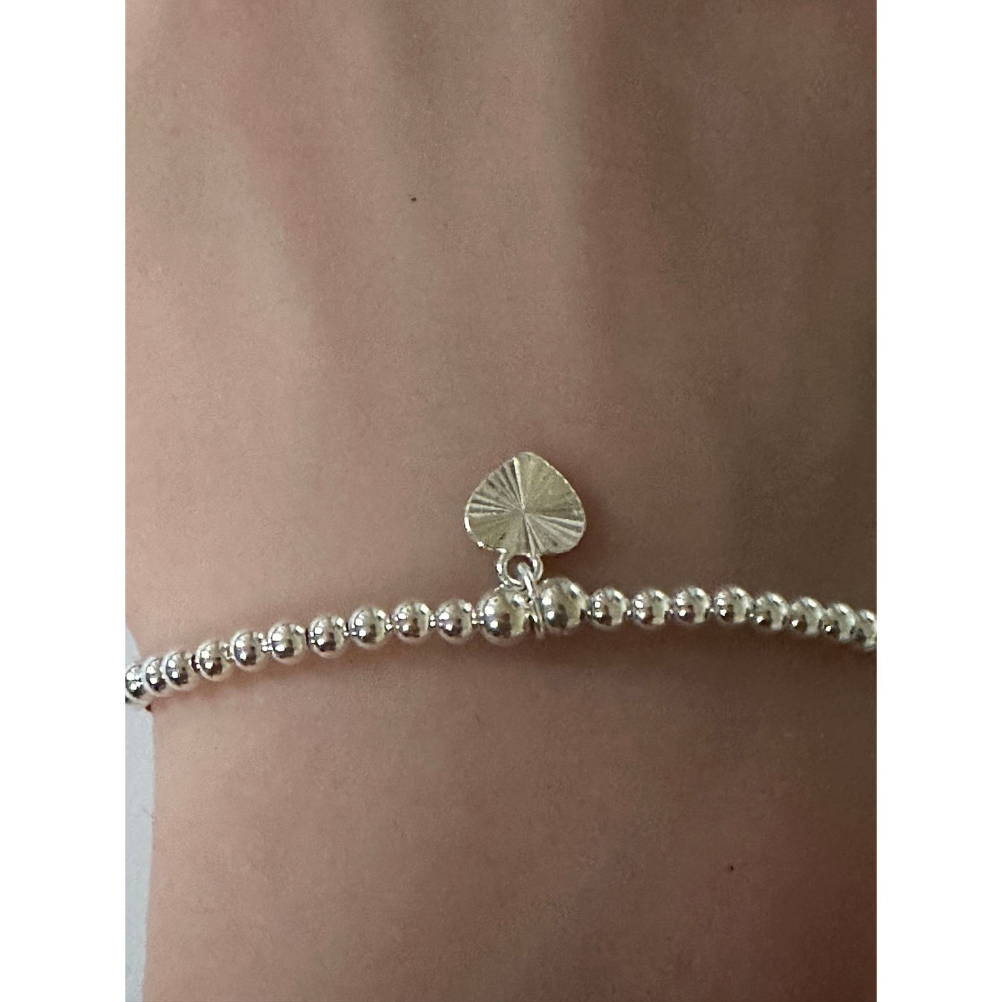 925 Sterling Silver Beaded Stretch Stacking Bracelet Heart Charm Minimalist Size 7" - Rafant