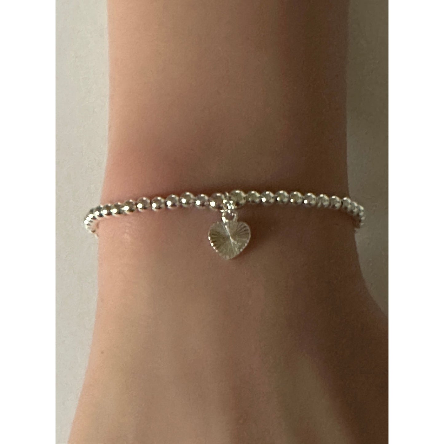 925 Sterling Silver Beaded Stretch Stacking Bracelet Heart Charm Minimalist Size 7" - Rafant