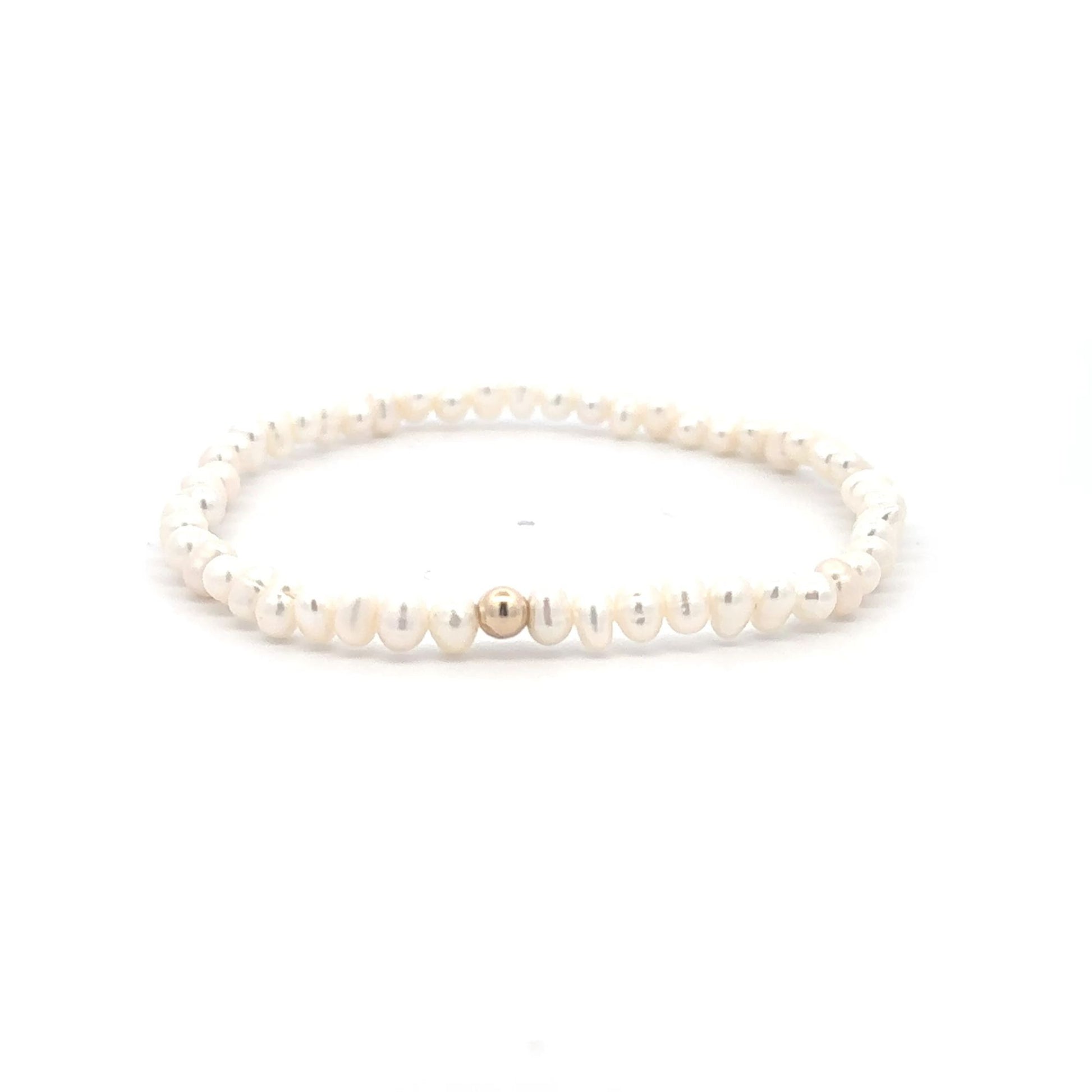 Freshwater Pearl Gemstone Beaded Stretch Bracelet 14K Gold Accent Bead Handmade - Rafant