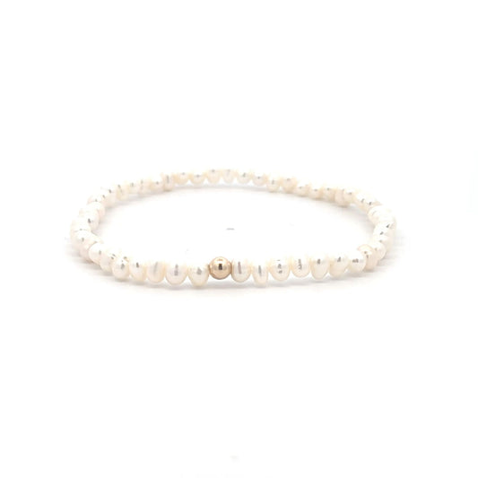 Freshwater Pearl Gemstone Beaded Stretch Bracelet 14K Gold Accent Bead Handmade - Rafant