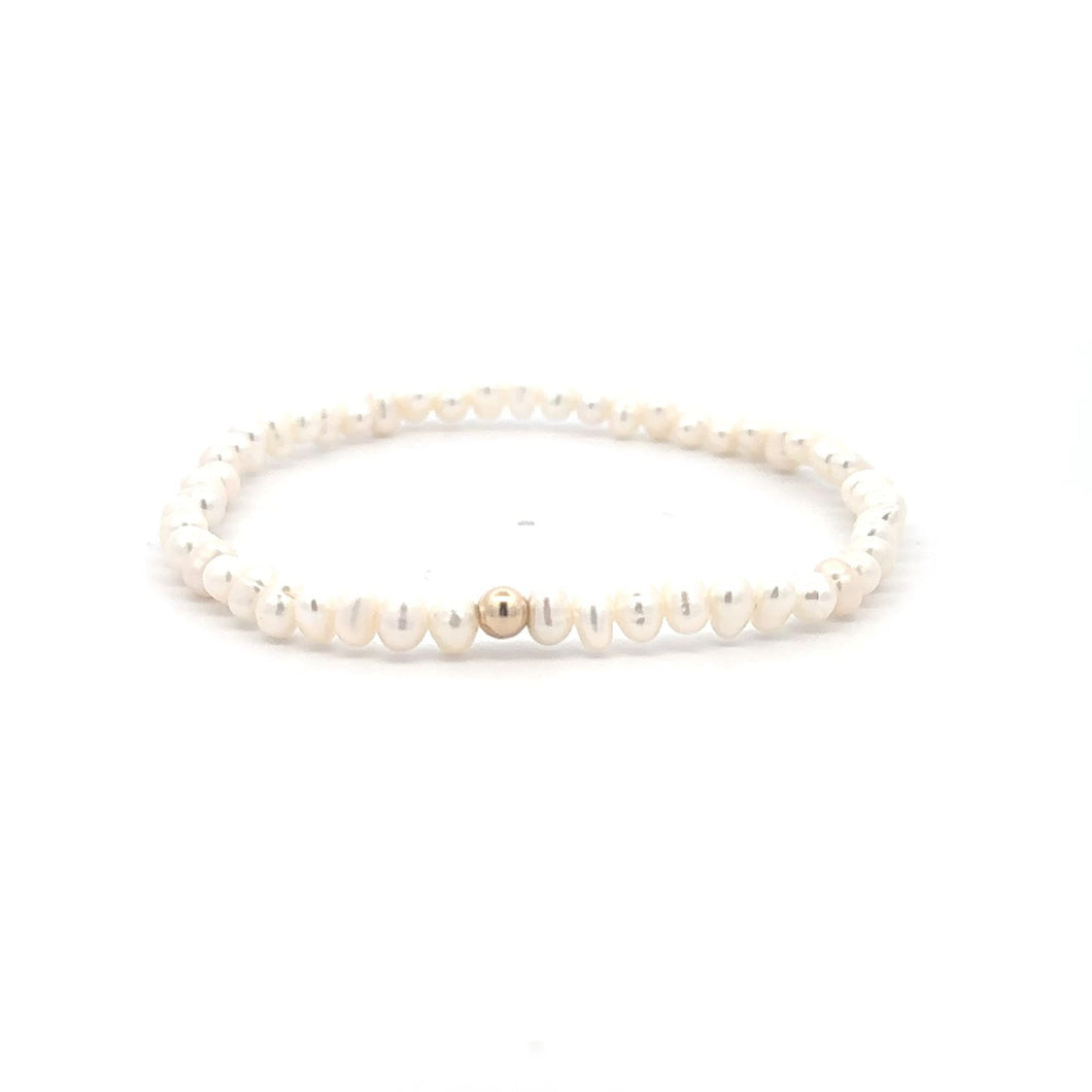 Freshwater Pearl Gemstone Beaded Stretch Bracelet 14K Gold Accent Bead Handmade
