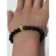 Load image into Gallery viewer, 24K Gold Money Bag Lucky Charm Bracelet Gemstones Black Jade 8mm Size 6.25&quot;
