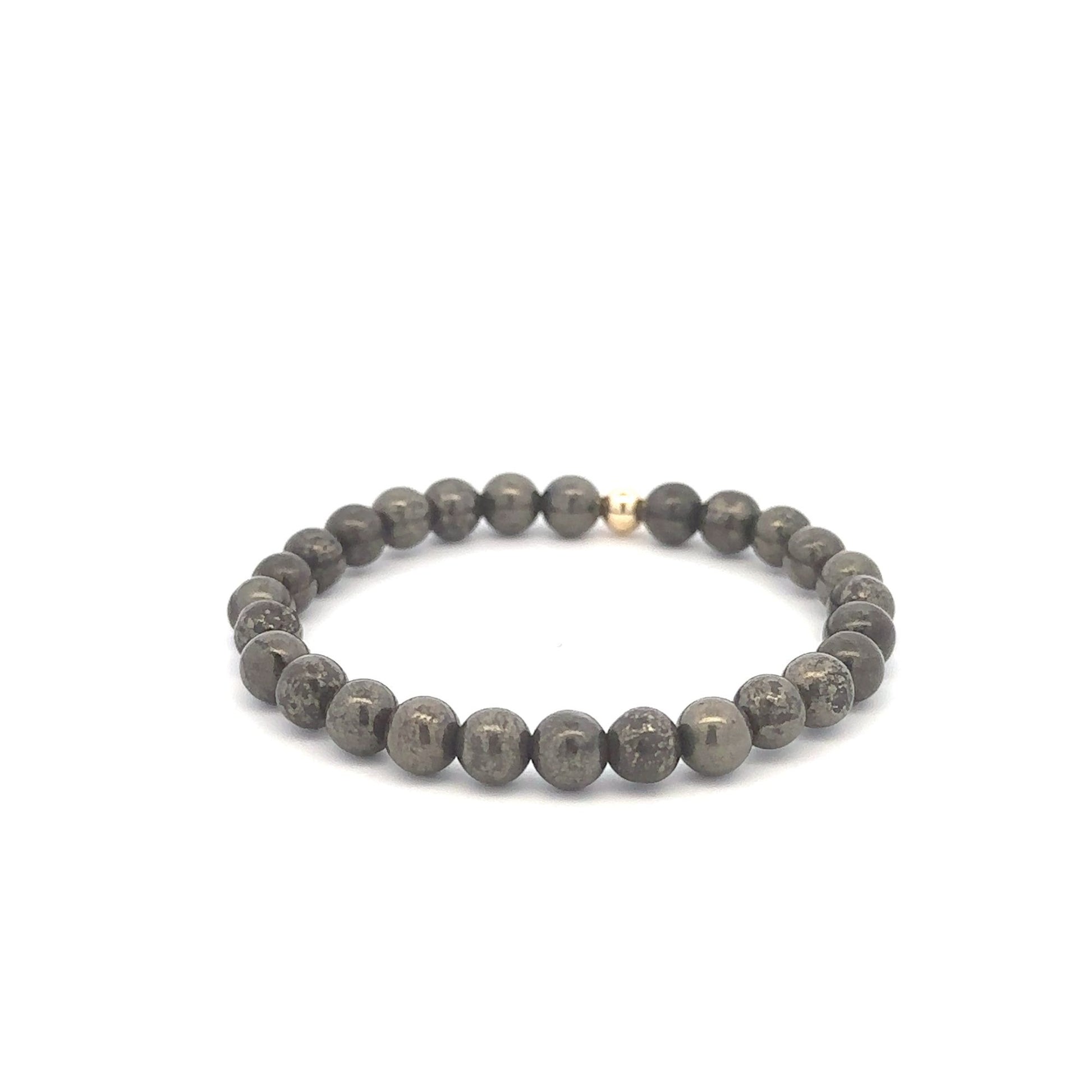 Natural Pyrite 6mm Stretchable Bracelet 18k Gold Bead Charm - Rafant