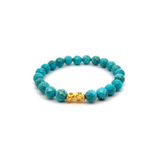 Load image into Gallery viewer, 24K Gold Piyao Pixiu Lucky Charm Bracelet Gemstones Dyed Howlite 8mm S6.75&quot;
