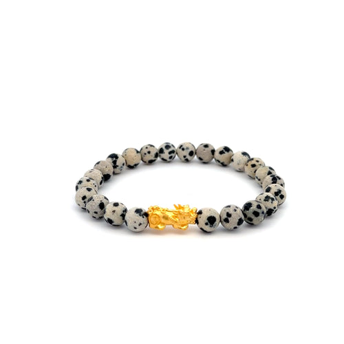 24K Gold Piyao Pixiu Lucky Charm Bracelet Natural Gemstones Dalmatian Jasper 6mm - Rafant