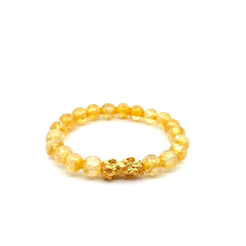 24K Gold Piyao Pixiu Lucky Charm Bracelet Gemstones Citrine 8mm Size 6 inches - Rafant