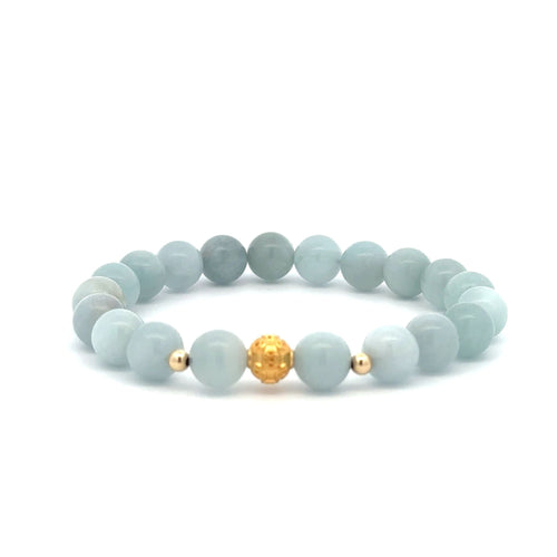 18K Gold Money Ball Lucky Charm Beads Bracelet Gemstones Aquamarine 8mm - Rafant