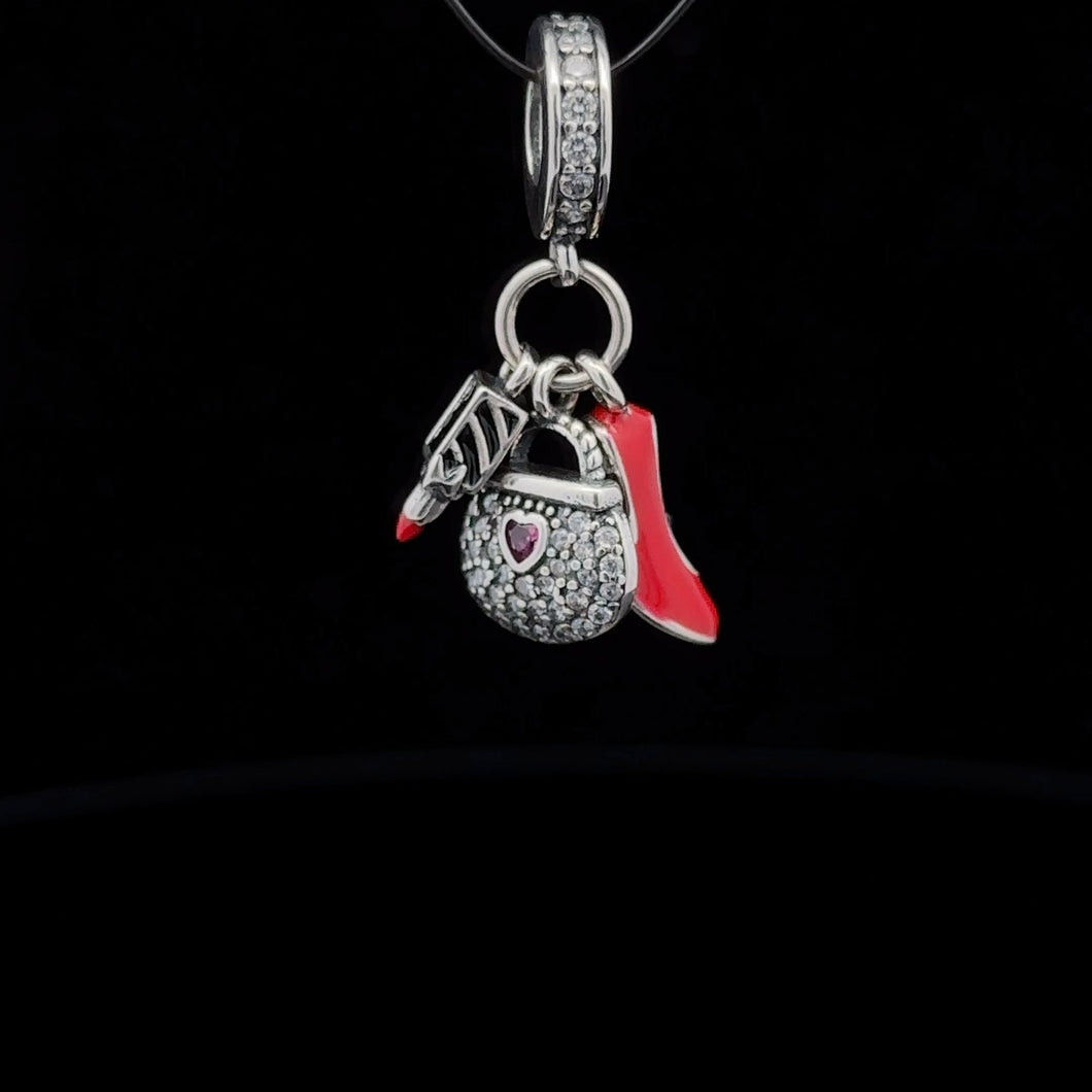 925 Sterling Silver Charm Bead Bag Shoes Lipstick Red For Charm Bracelet Necklace - Rafant