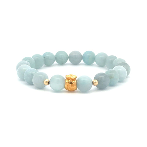 18K Gold Money Bag Lucky Charm Beads Bracelet Gemstones Aquamarine 8mm - Rafant