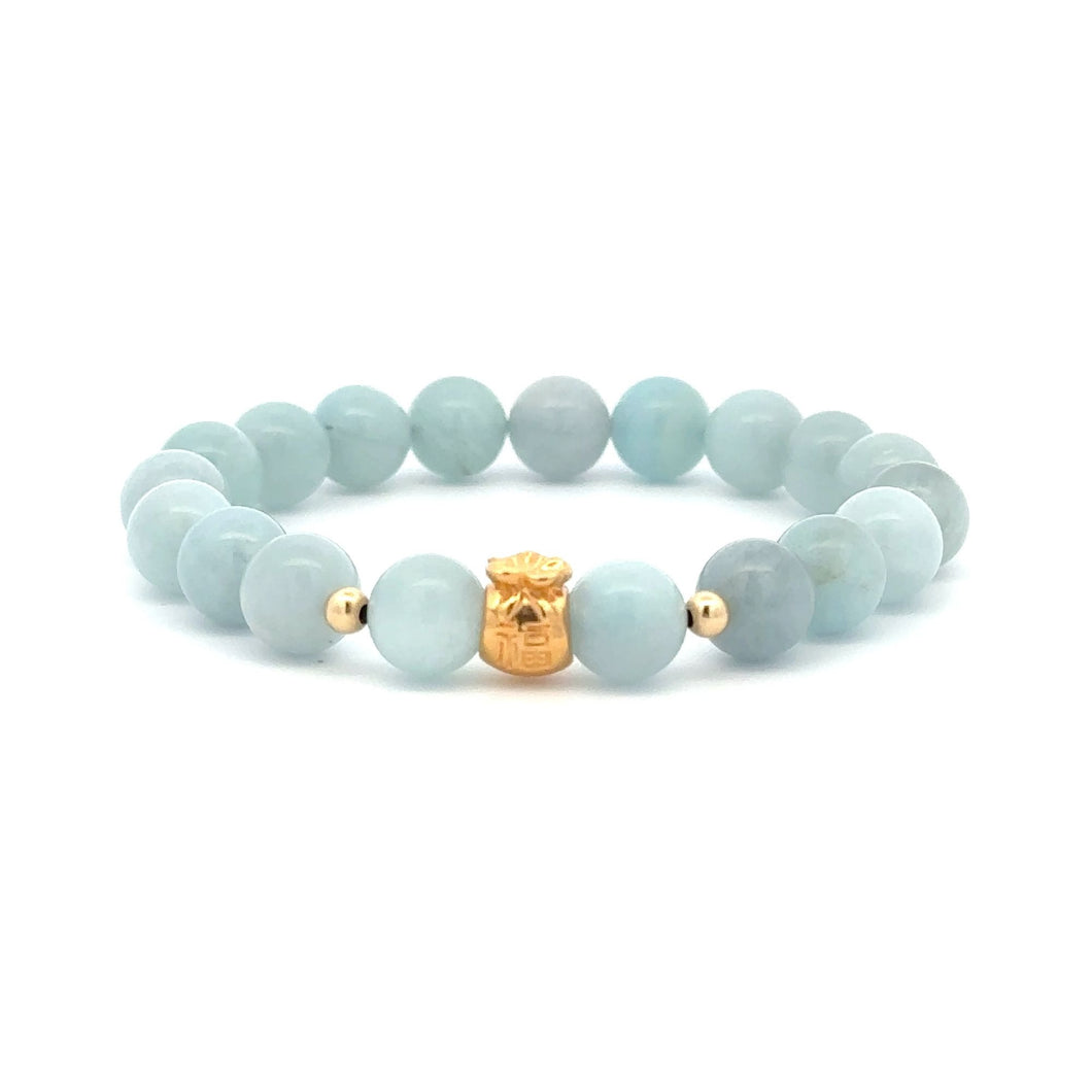 18K Gold Money Bag Lucky Charm Beads Bracelet Gemstones Aquamarine 8mm - Rafant