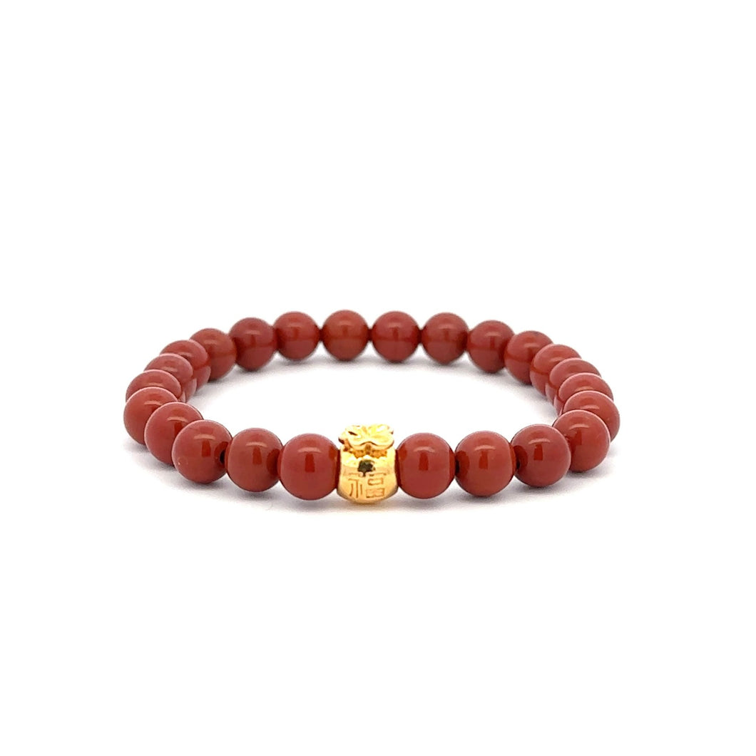 18K Gold Money Bag Red Jasper Gemstones 6mm Lucky Charm Elastic Bracelet - Rafant