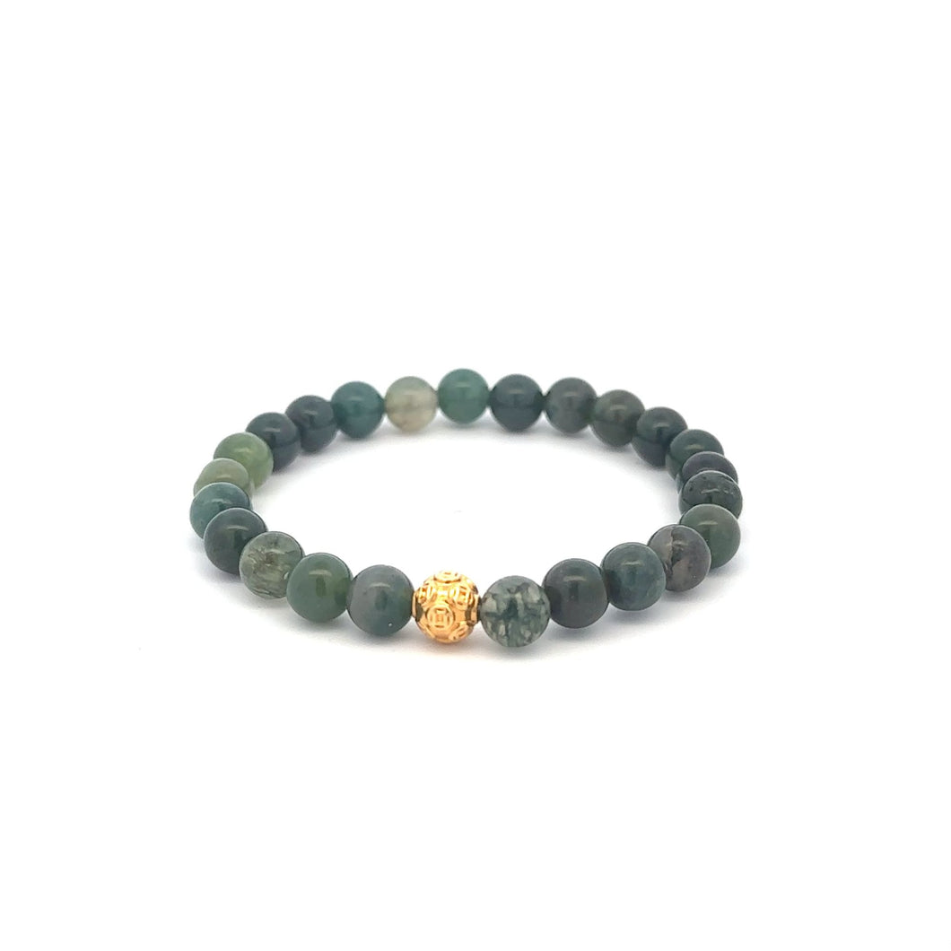 18K Gold Money Ball Lucky Bracelet Gemstones Moss Agate 6mm - Rafant