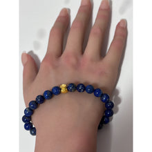 Load image into Gallery viewer, 24K Gold Money Bag Lucky Charm Stretchable Bracelet Gemstones Natural Lapis Lazuli 8mm Size 7&quot;
