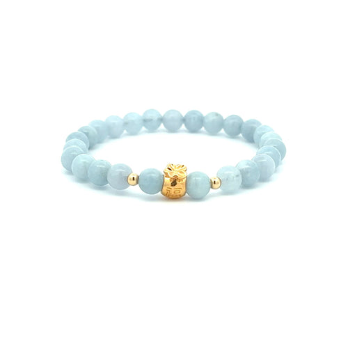 18K Gold Money Bag Lucky Charm Beads Bracelet Gemstones Aquamarine 6mm - Rafant