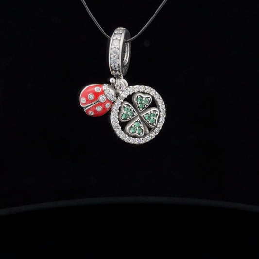 925 Sterling Silver Bead Clover Beetle Insect Cubic Zircons Blue For Charm Bracelet Necklace - Rafant