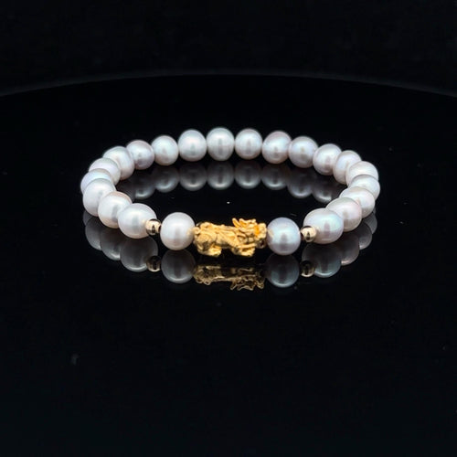 18K Gold Dragon Pixiu Piyao Lucky Charm Beads Bracelet Gemstones Freshwater Light Grey Pearl - Rafant