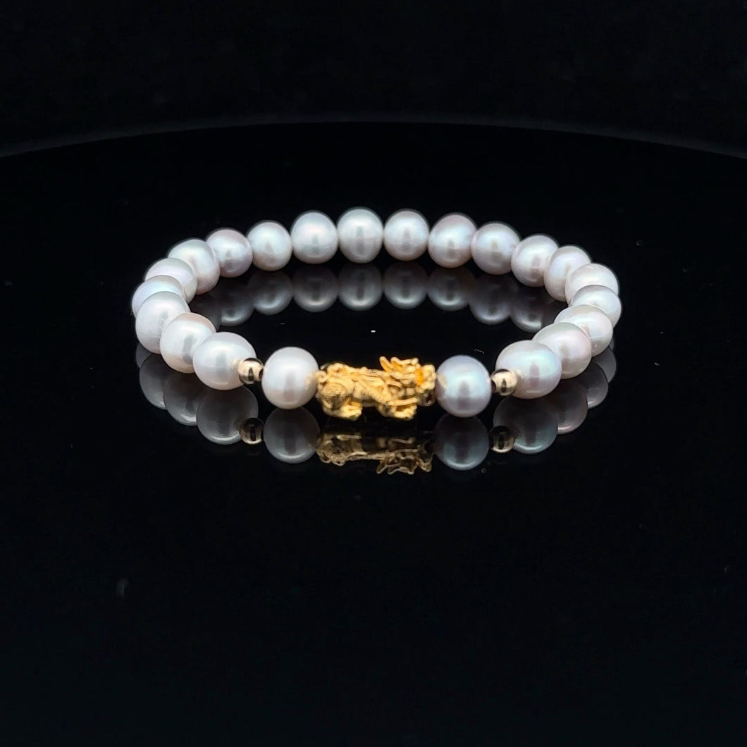 18K Gold Dragon Pixiu Piyao Lucky Charm Beads Bracelet Gemstones Freshwater Light Grey Pearl - Rafant