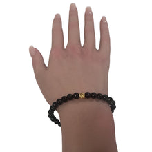 Load image into Gallery viewer, 18K Gold Money Bag Onyx Gemstones 6mm Lucky Charm Elastic Bracelet Size 6.5 in

