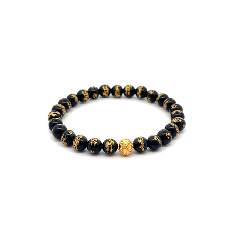 18K Gold Money Coin Ball Lucky Bracelet Gemstones Black Carved Onyx 6mm - Rafant