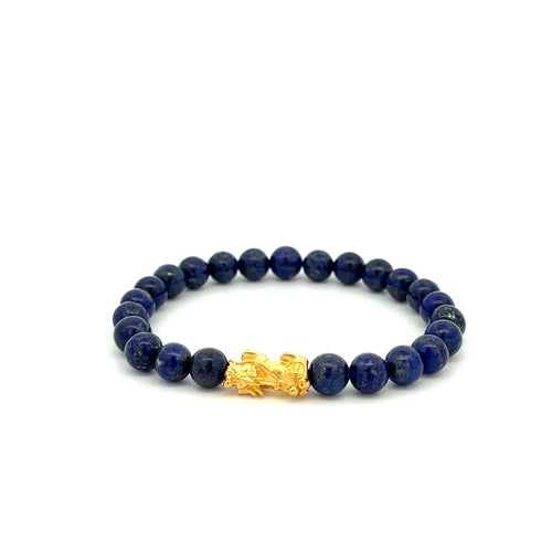 24K Gold Piyao Pixiu Lucky Charm Bracelet Gemstones Lapis Lazuli 6mm - Rafant
