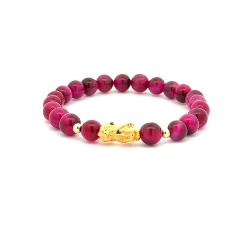 18K Gold Dragon Pixiu Piyao Lucky Charm Bracelet Gemstones Pink Tiger's Eye 6mm - Rafant
