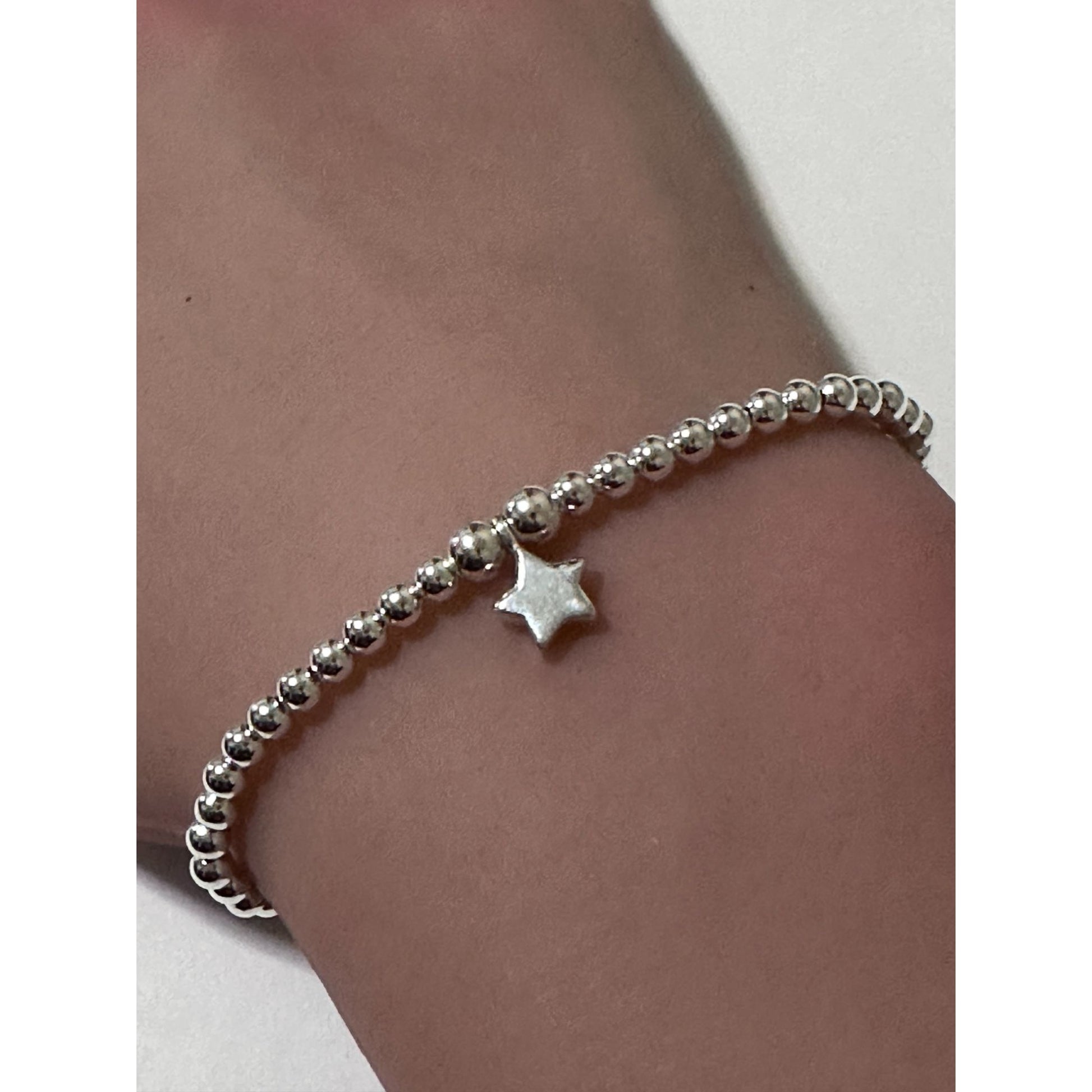 925 Sterling Silver Beaded Stretch Stacking Bracelet Minimalist Star Charm - Rafant