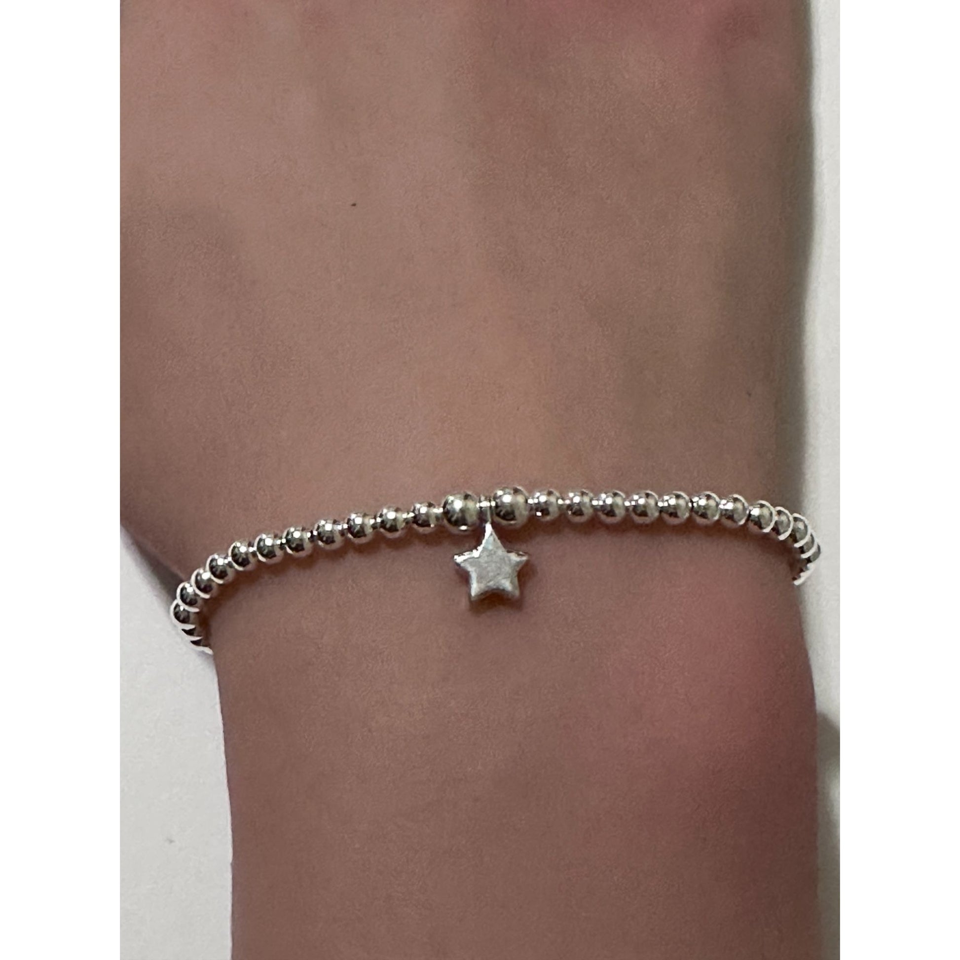 925 Sterling Silver Beaded Stretch Stacking Bracelet Minimalist Star Charm - Rafant