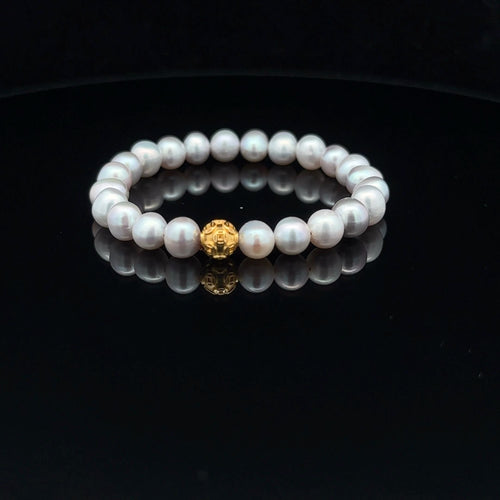 18K Gold Money Ball Lucky Bracelet Gemstones Freshwater Light Grey Pearl - Rafant