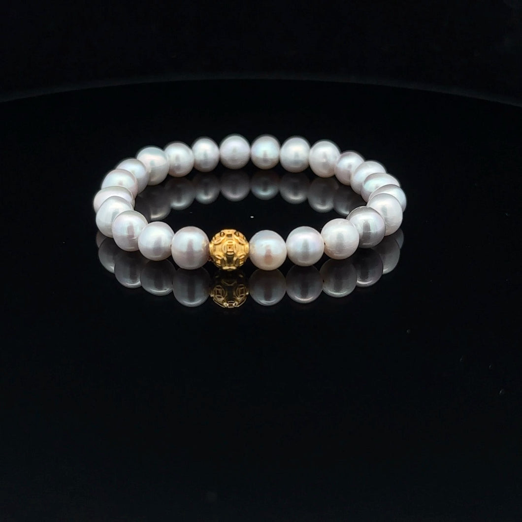 18K Gold Money Ball Lucky Bracelet Gemstones Freshwater Light Grey Pearl - Rafant