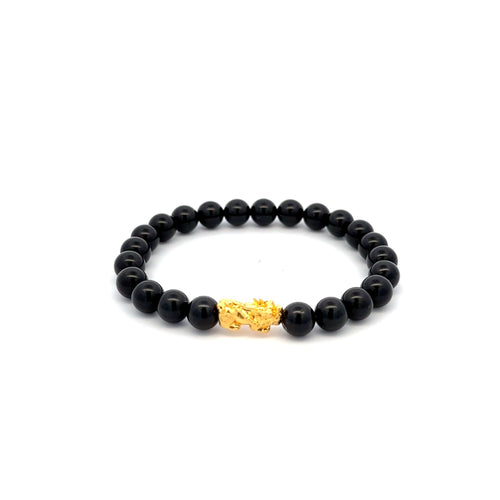 18K Gold Piyao Pixiu Dragon Lucky Charm Bracelet Gemstones Natural Black Tourmaline 6mm - Rafant