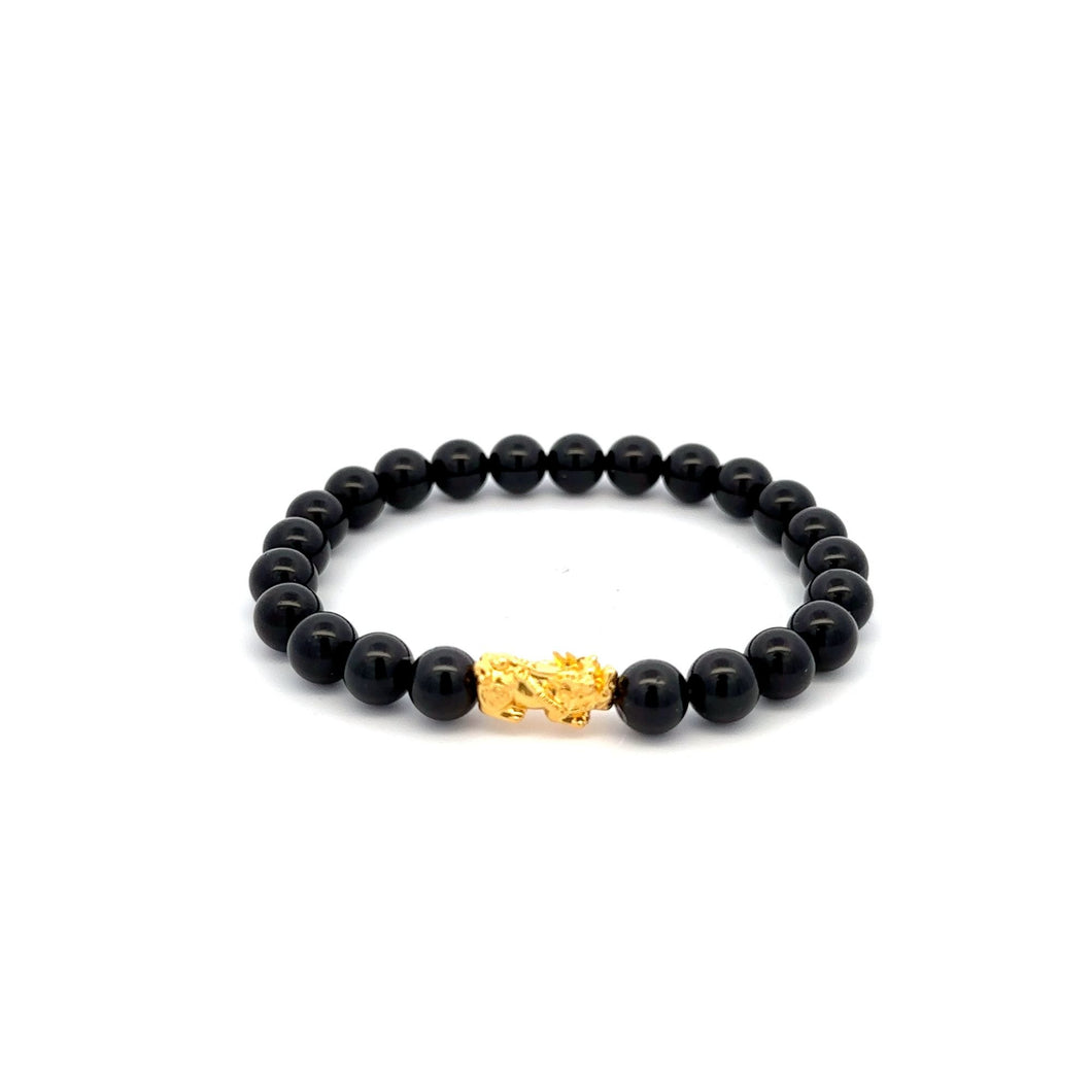 18K Gold Piyao Pixiu Dragon Lucky Charm Bracelet Gemstones Natural Black Tourmaline 6mm - Rafant