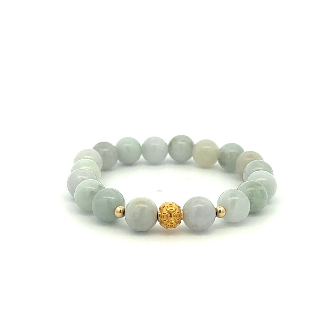 18K Gold Money Ball Lucky Charm Beads Bracelet Gemstones Burmese Jade 8mm - Rafant