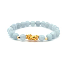 Load image into Gallery viewer, 18K Gold Dragon Pixiu Piyao Lucky Charm Beads Bracelet Gemstones Aquamarine 6mm - Rafant
