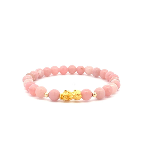 18K Gold Dragon Pixiu Piyao Lucky Charm Beads Bracelet Gemstones Natural Pink Opal 6mm - Rafant