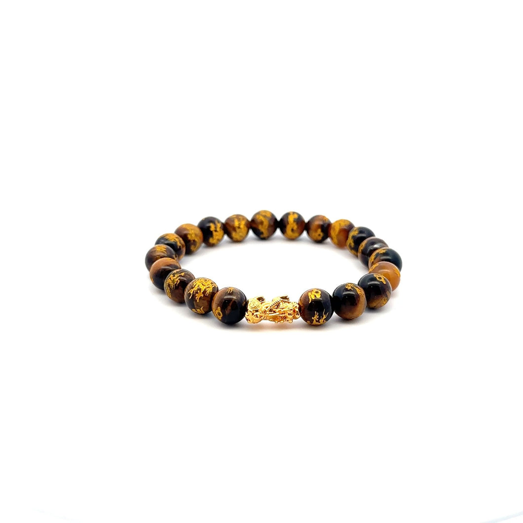 18K Gold Piyao Pixiu Dragon Bracelet Gemstones Tiger's Eye Carved 8mm