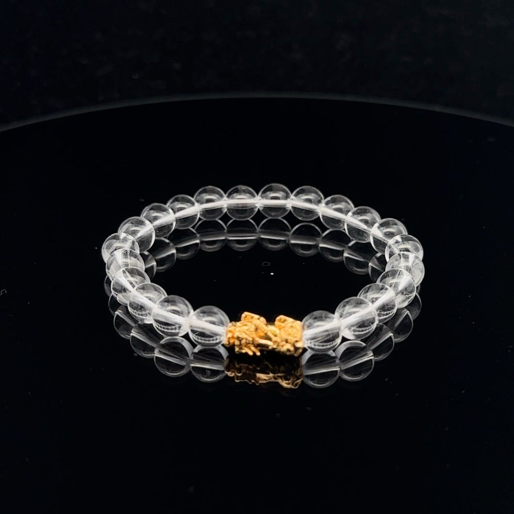 18K Gold Dragon Pixiu Piyao Lucky Charm Bracelet Gemstones Clear Quartz 6mm