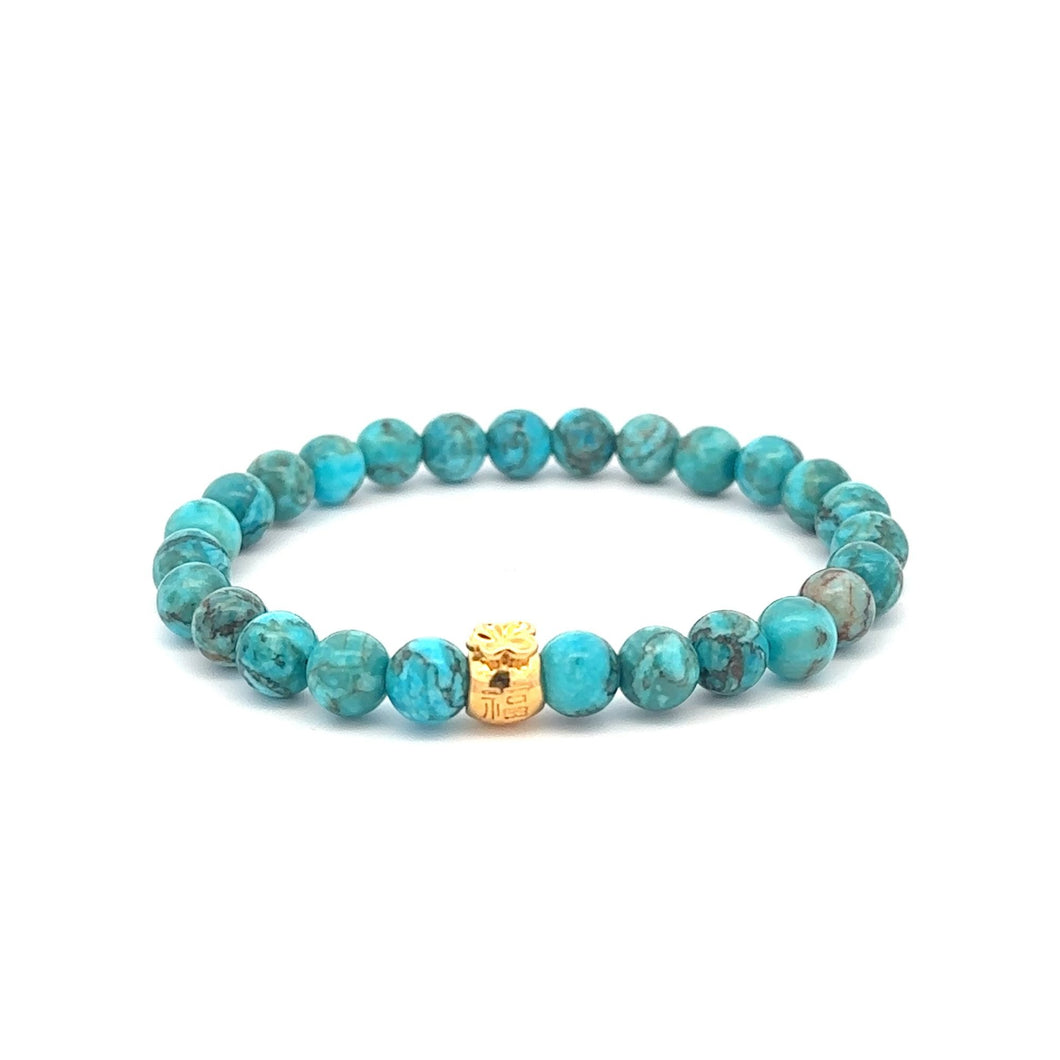 18K Gold Money Bag Turquoise Gemstones 6mm Lucky Charm Elastic Bracelet - Rafant