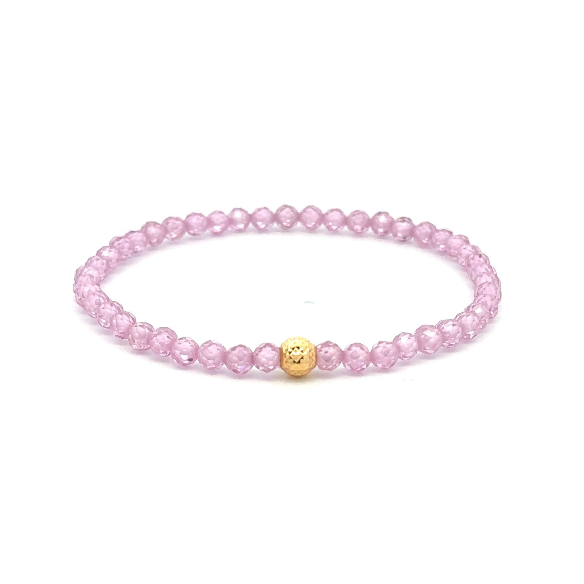 18K Gold Bead Stretchable Bracelet Pink Faceted Zircon Gemstones - Rafant