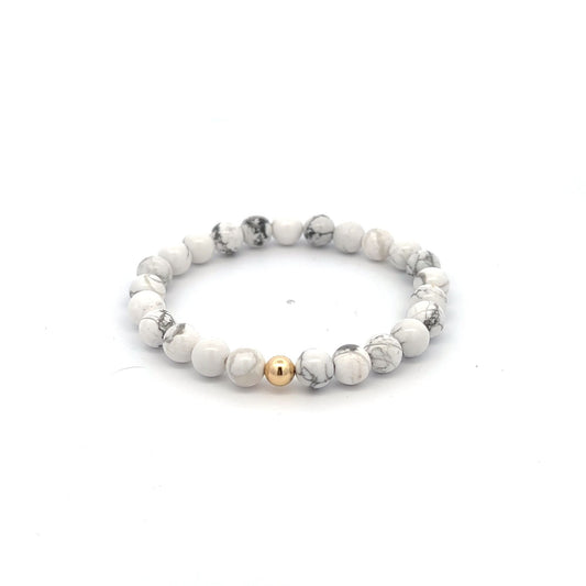 Natural White Howlite Gemstones 6mm Stretchable Bracelet 18k Gold Bead Charm - Rafant