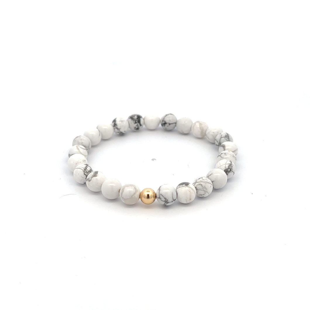 Natural White Howlite Gemstones 6mm Stretchable Bracelet 18k Gold Bead Charm - Rafant