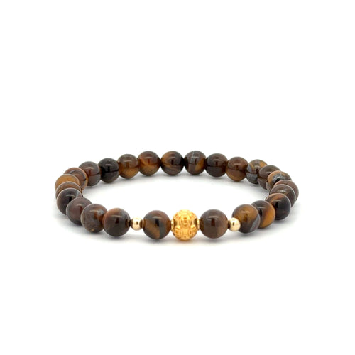 18K Gold Money Ball Lucky Charm Beads Bracelet Gemstones Tiger's Eye 6mm - Rafant
