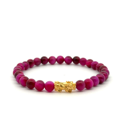 24K Gold Dragon Pixiu Good Luck Charm Bracelet Gemstones Pink Tiger's Eye 5-6mm Size 6 - Rafant
