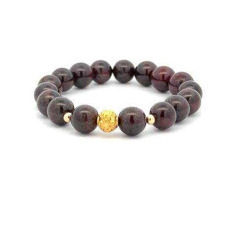 18K Gold Money Ball Lucky Charm Beads Bracelet Gemstones Garnet 8-8.5mm - Rafant