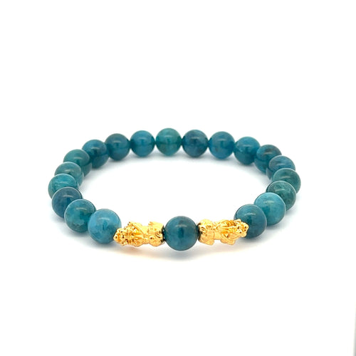 18K Gold Dragon Pixiu Double Piyao Lucky Charm Bracelet Gemstones Apatite 8mm - Rafant