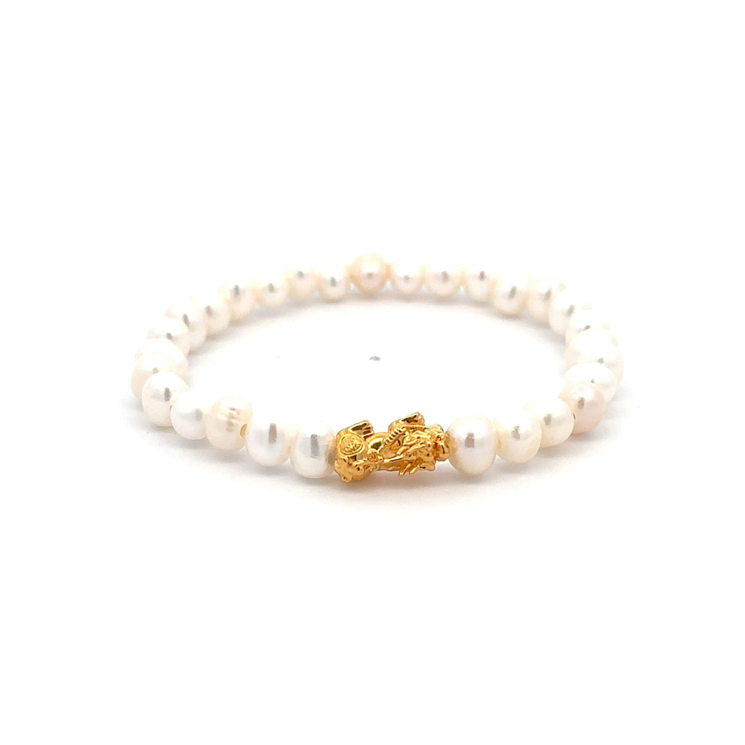 18K Gold Piyao Pixiu Dragon Lucky Charm Bracelet Freshwater Pearl 6mm x 5mm - Rafant